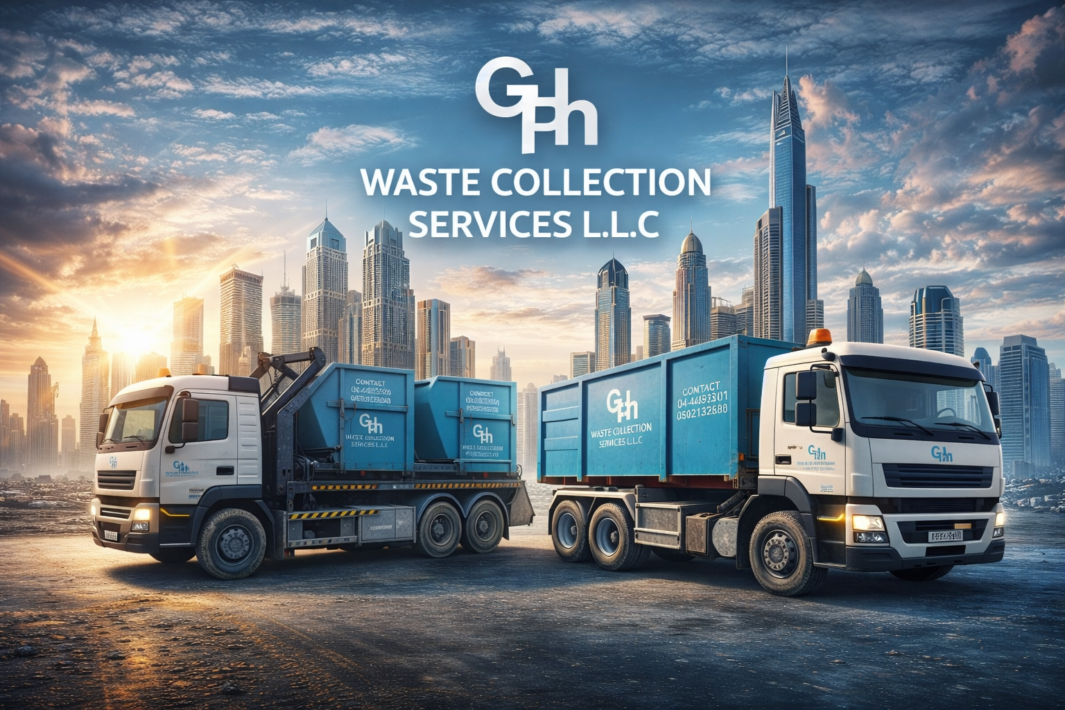 GPh waste collection fleet with hook loader and skip trucks against the Dubai skyline
